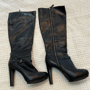 Nine West black leather high heel platform boots